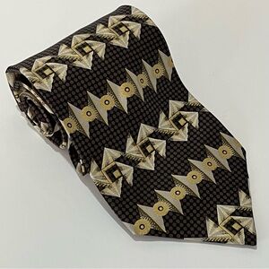 Vintage Passione Uomo 100% Italian Silk Tie | Gold Gear Print | 4” Wide | Office